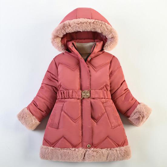 

Girls cotton jacket, fashionable mid length hooded jacket with plush insulation, children s cotton jacket 150 cm