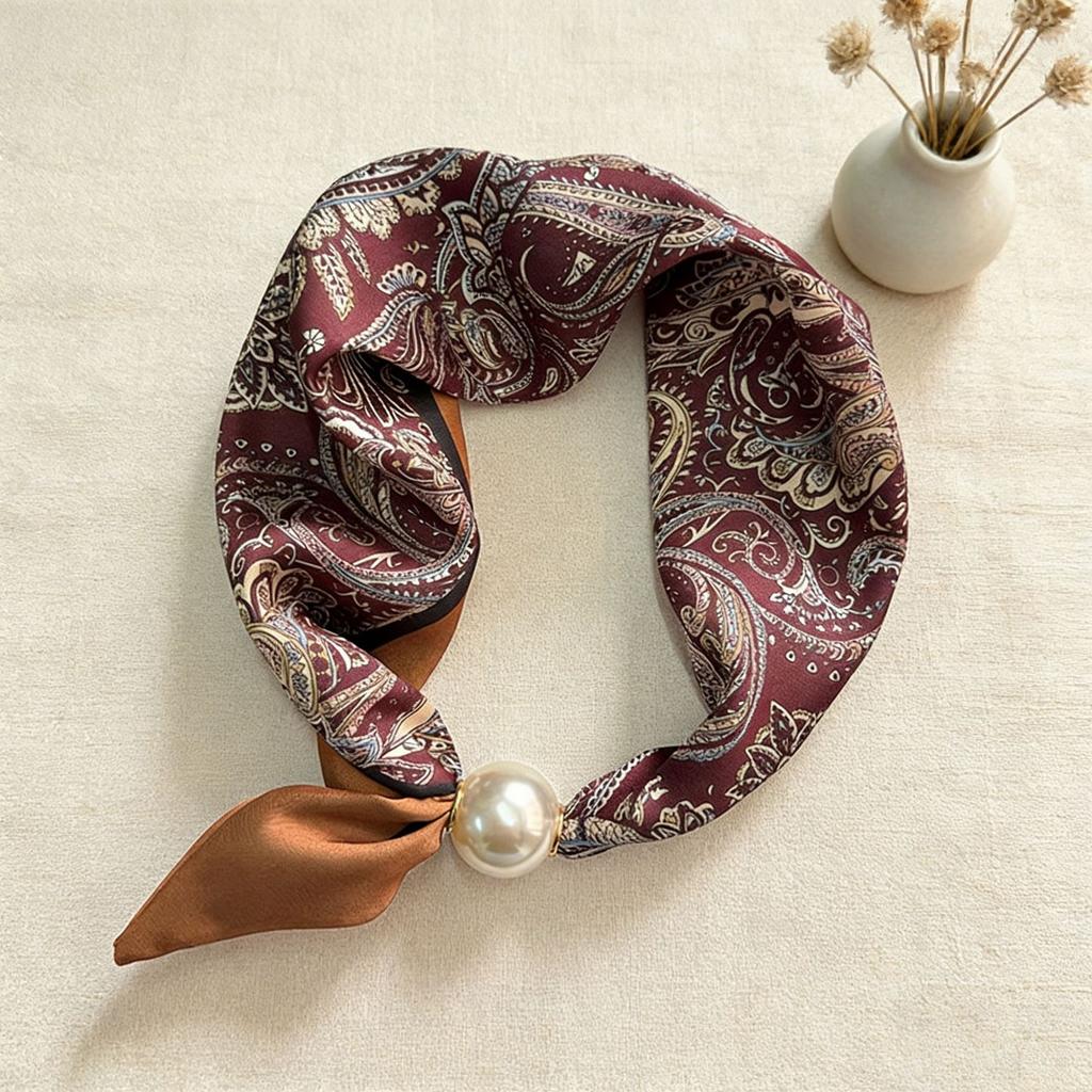 Scarf Magnetic Silk Collarbone Pearl Neck Scarf Thin Lazy Pendant Chain Buckle Bandana Handkerchief Foulards Femme Accesories