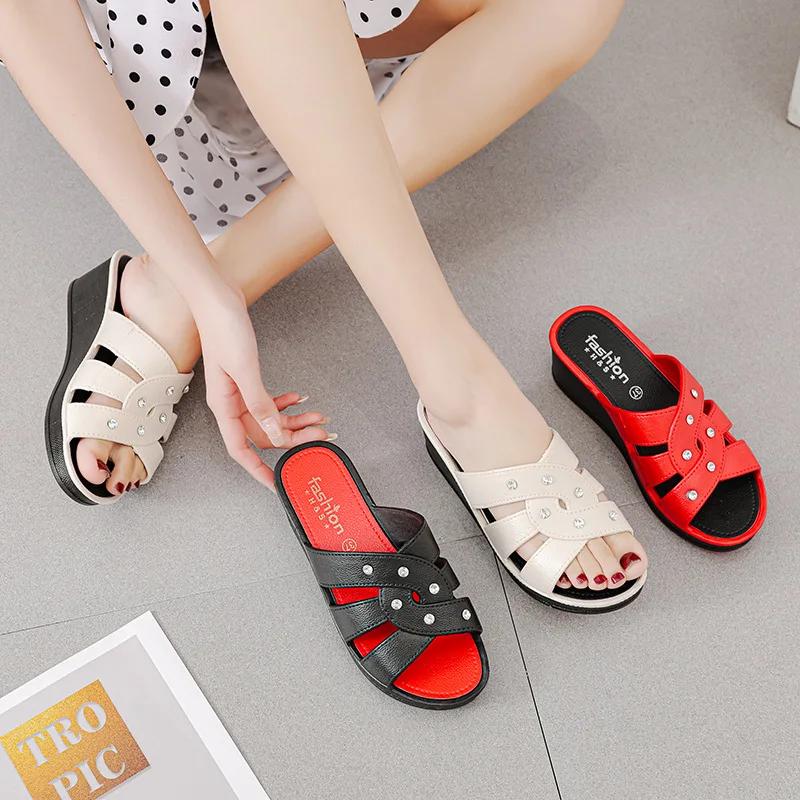 Shoes for Women Summer 2025 Fashion Women's High Heel Slippers Thick Bottom Non-slip Mother Shoes Soft Bottom Wedge Women Sandal