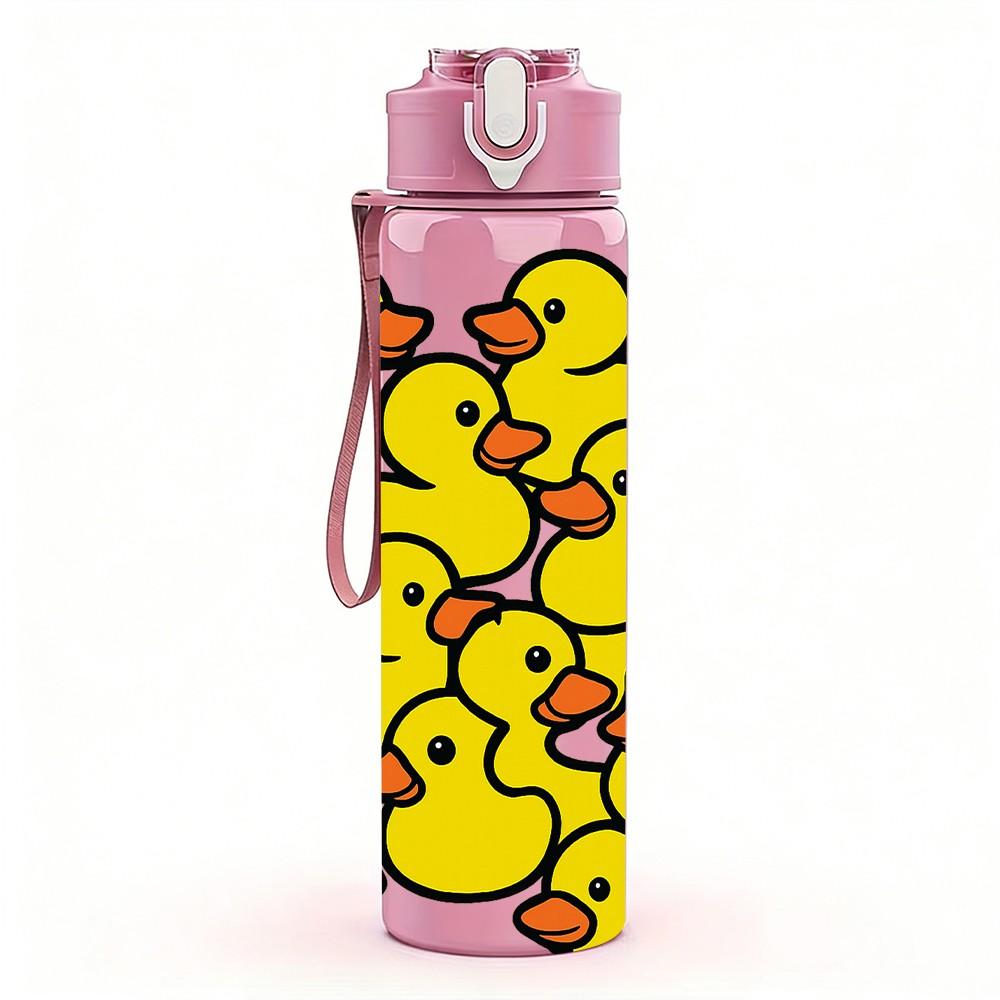 1PC Large Group Yellow Duck Grid 750ml Color Plastic Sports Water Bottle Leakproof Flip Straw Lid For Sports Office Home Use