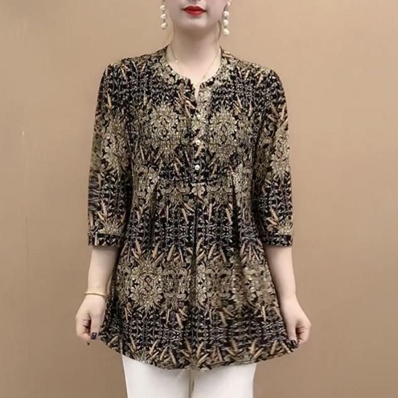 Pulover de vară pentru femei cu gât O, cu nasturi îmbinate, imprimeu, la modă, larg, minimalist, versatil, casual, cu mâneci 3/4, topuri din șifon