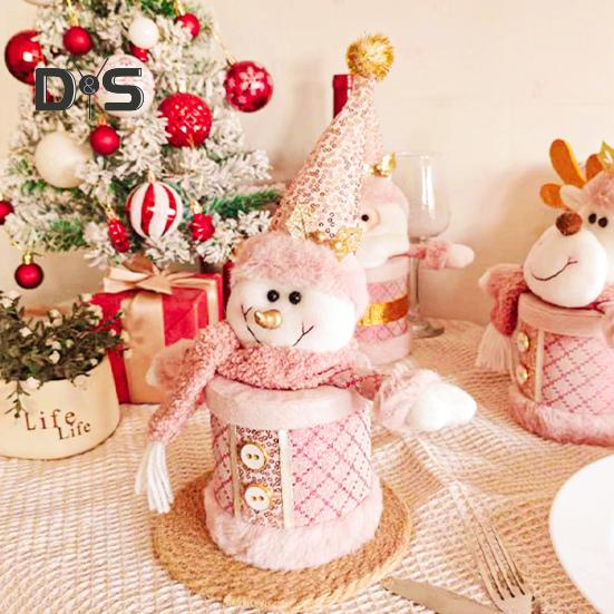 Christmas Candy Jar Christmas Plush Santa/Snowman/Elk Candy Holder Pink Candy Storage Box Fruit Packaging Jar for Home Decor
