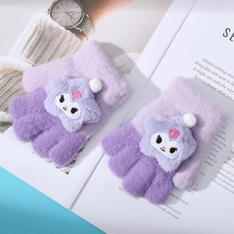 Children s Gloves Girls Kuromi Warm Plus Velvet Cartoon Winter Antifreeze Baby Finger Gloves one size