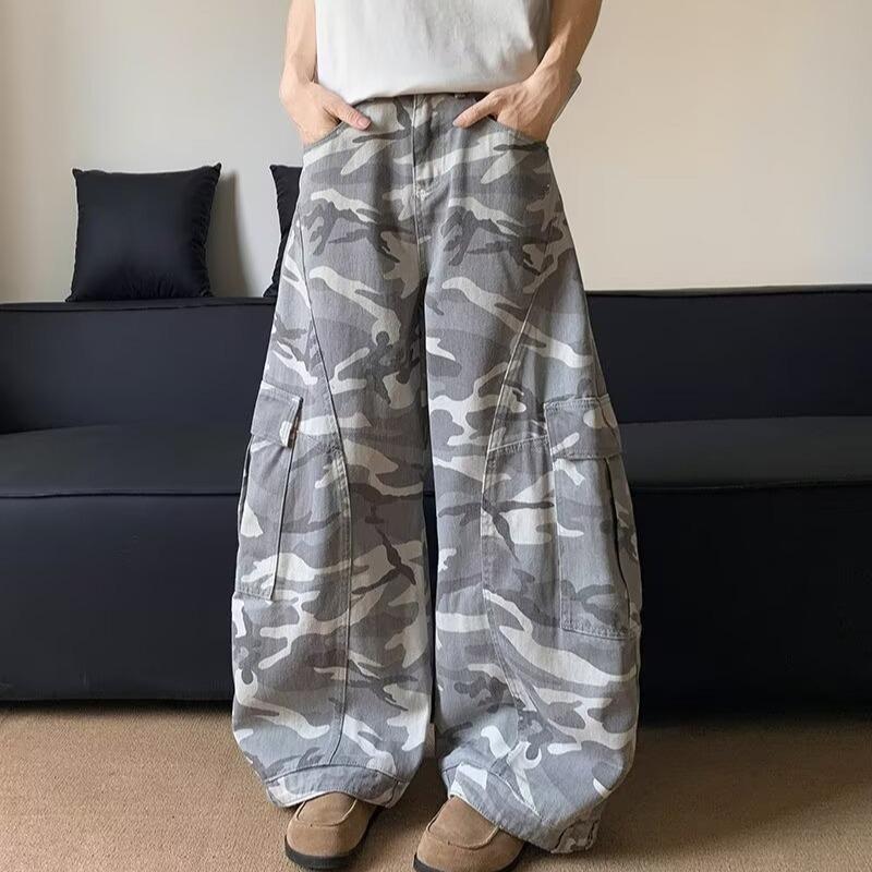 Men's Mid Rise Washed Cat Whisker Barrel Jeans Loose Wide Leg Denim Pants American Vintage High Street Y2K Casual Four Seasons Long Trousers