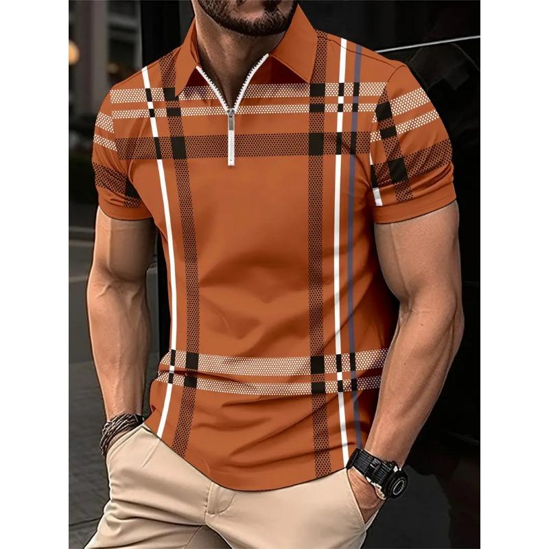 Plaid 3D Printed Short-Sleeved Top Men'S Casual Lapel Polo Shirt