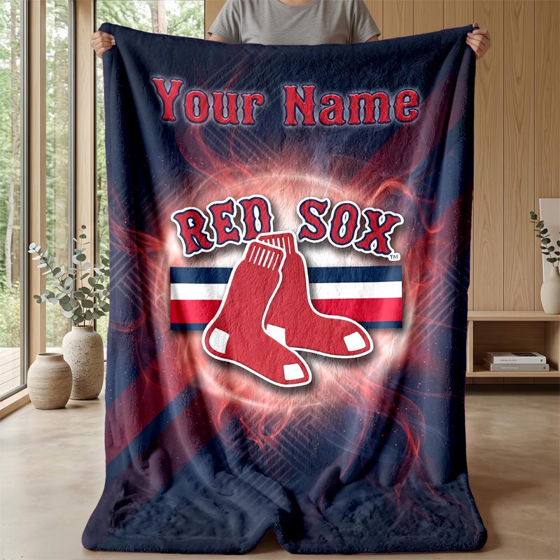Boston Red Sox Custom Flannel Throw Blanket Print Your Name Text Soft Warm Blanket Holiday Present