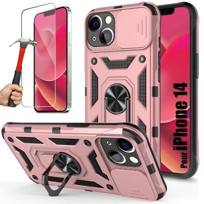 Case - for iPhone 14 - Pink - Reinforced Camera Protection - Rotating Metal Stand - 2 Tempered Glasses