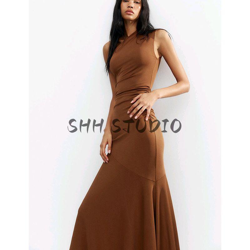 Women's Spring Clothing Ins Style Ruched Decoration Asymmetric Cold-Shoulder Sleeveless Elegant Long Dress 5039314