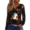 Women's Casual Halloween Print V-Neck Long Sleeve T-Shirt with Decorative Buttons