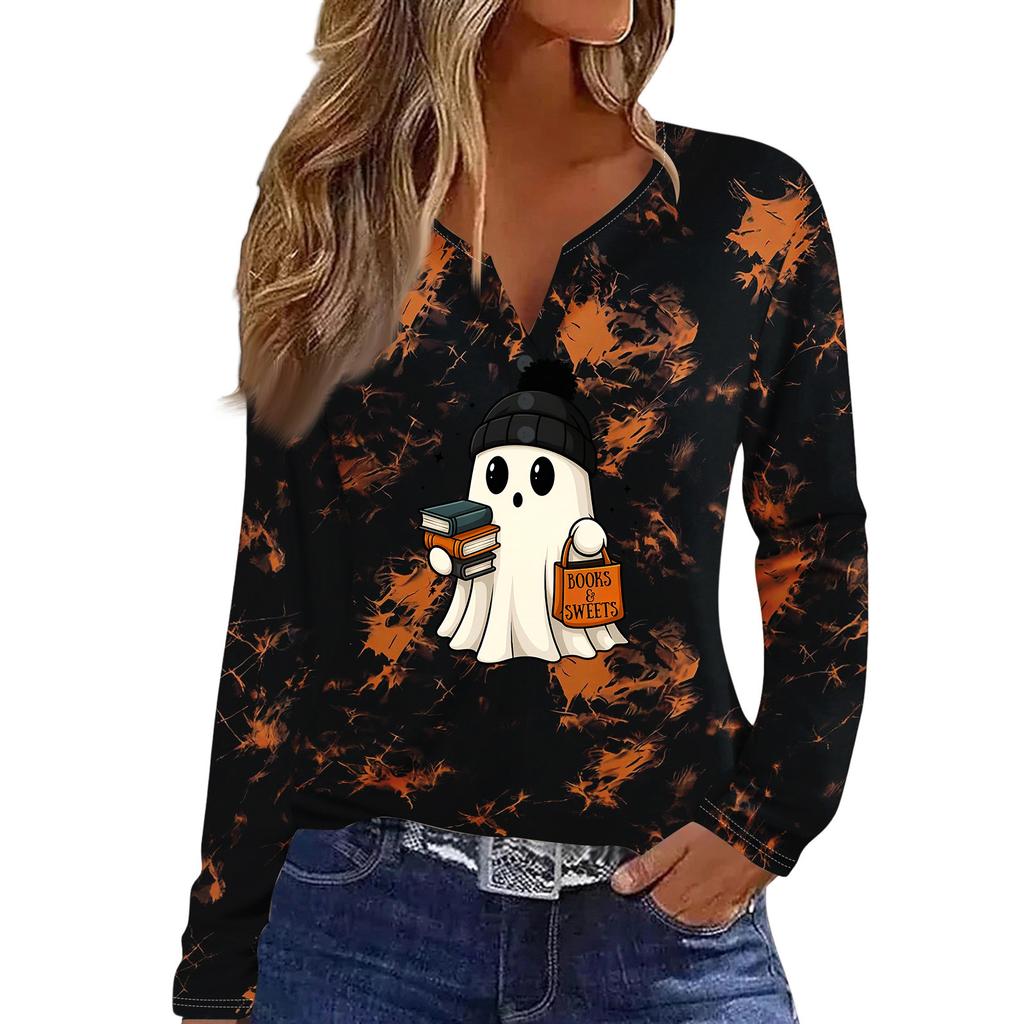Women's Casual Halloween Print V-Neck Long Sleeve T-Shirt with Decorative Buttons