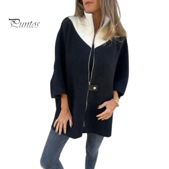 

Женское весенне-осеннее пальто с воротником-стойкой, застежкой-молнией, свободная куртка с рукавами 3/4, кардиган, цветной блок, повседневная одежда, для вечеринок, офиса, топ M чёрный