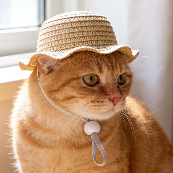 Pet Straw Hat Cat Sun Hat with Adjustable Drawstring Summer Pet Sun Hat for Cats And Dogs Outdoor Walks Sun Protection