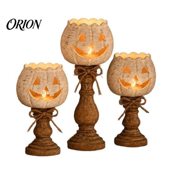 Halloween Party Table Accents Rustic White Pumpkin Tealight Candle Holder Set, Farmhouse Tea Light Distressed Resin Ornaments Holders Decor,
