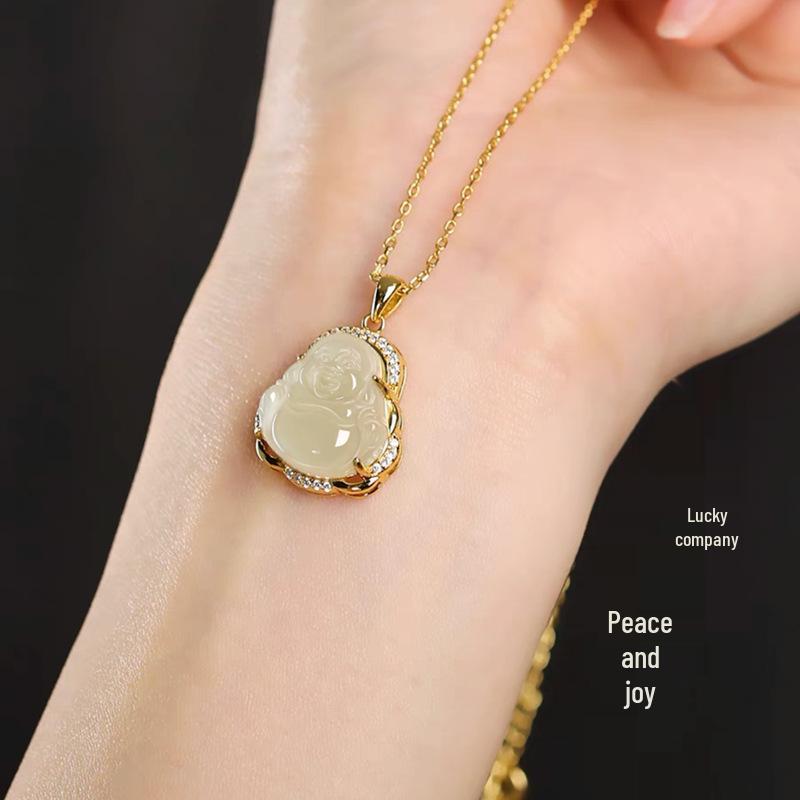 Maitreya Buddha Hetian Jade Pendant Necklace with Gold Inlay - Women's Luck-Turning Gift for Live Stream Traffic Boost