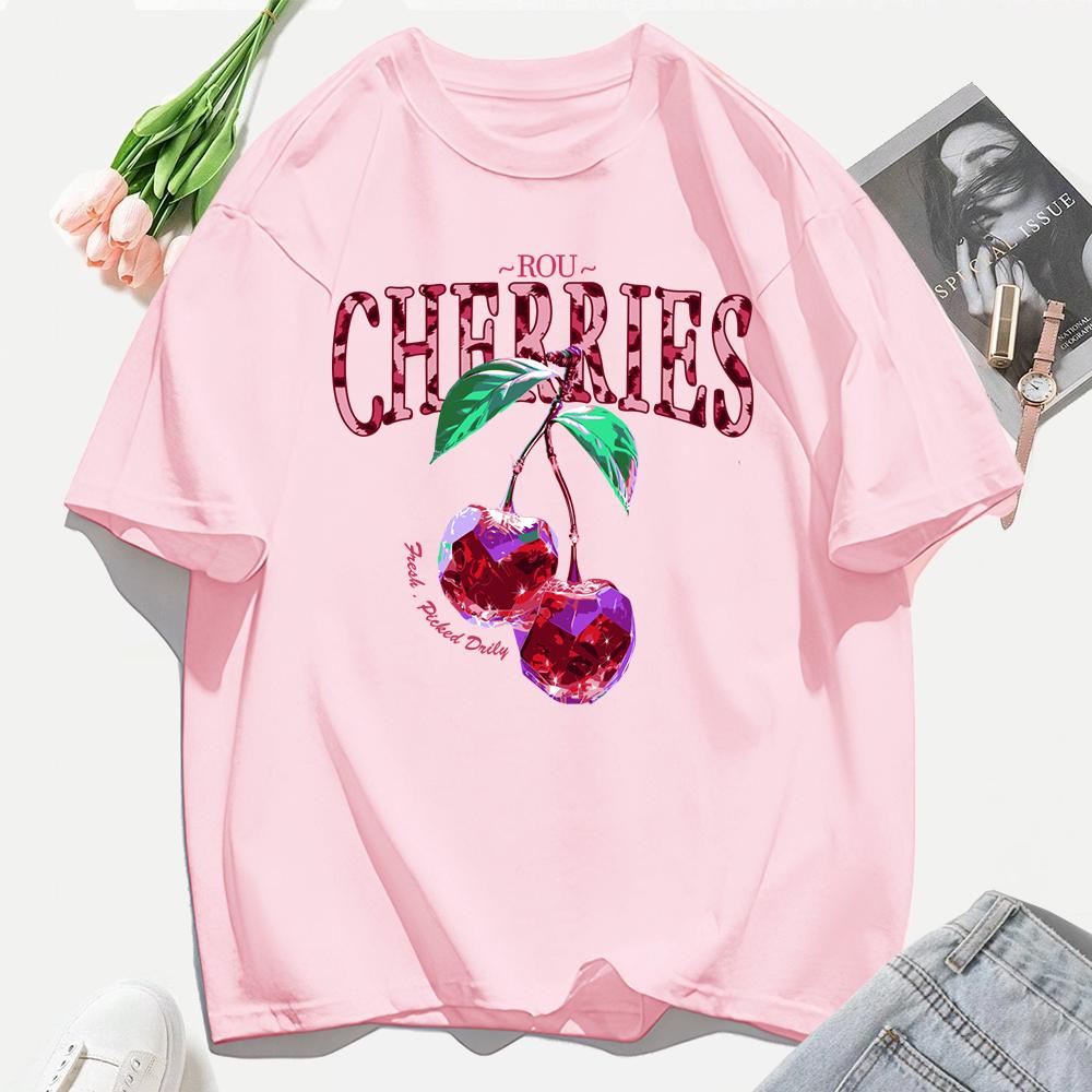Crystal Cherries Printing Tee Shirt Woman Summer Cotton Tee Tops O-Neck Casual T Shirts Oversized All-Match Short Sleeve