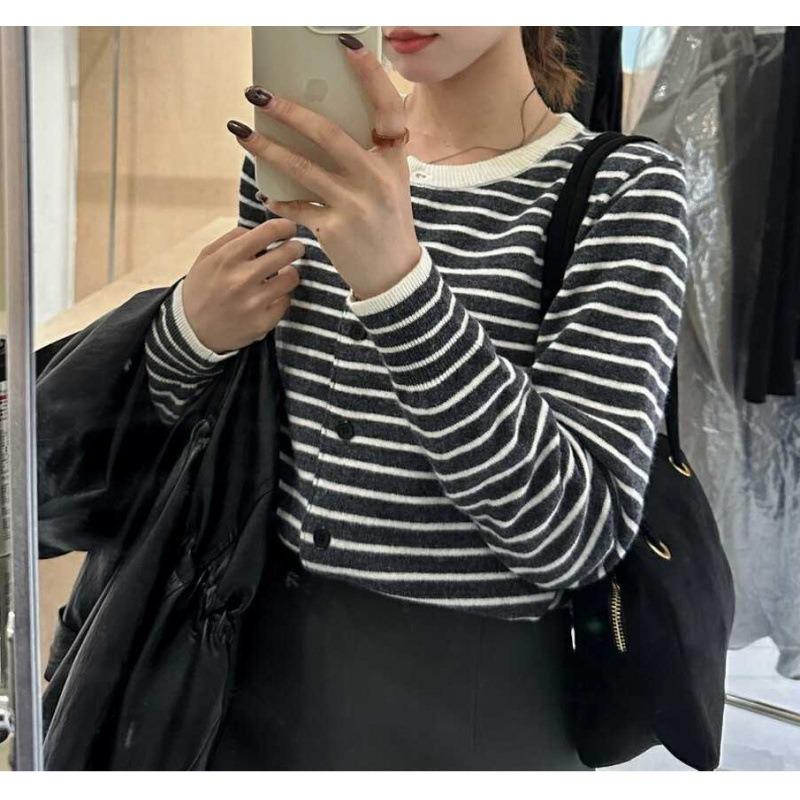 Striped knitted cardigan spring and autumn temperament jacket new base front shoulder long sleeve women's sweater
