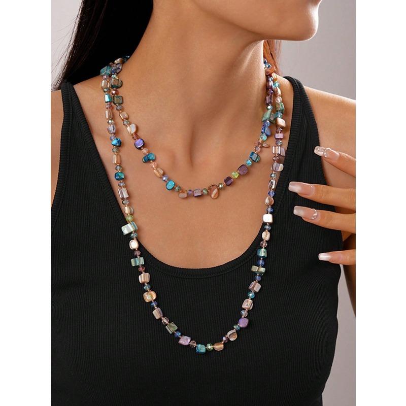Lady's Retro Necklace, Bohemian Colored Shell Beaded Double-Layer Necklace, Retro Light Luxury Holiday Long Necklace That Can Be Stacked, The Colors O