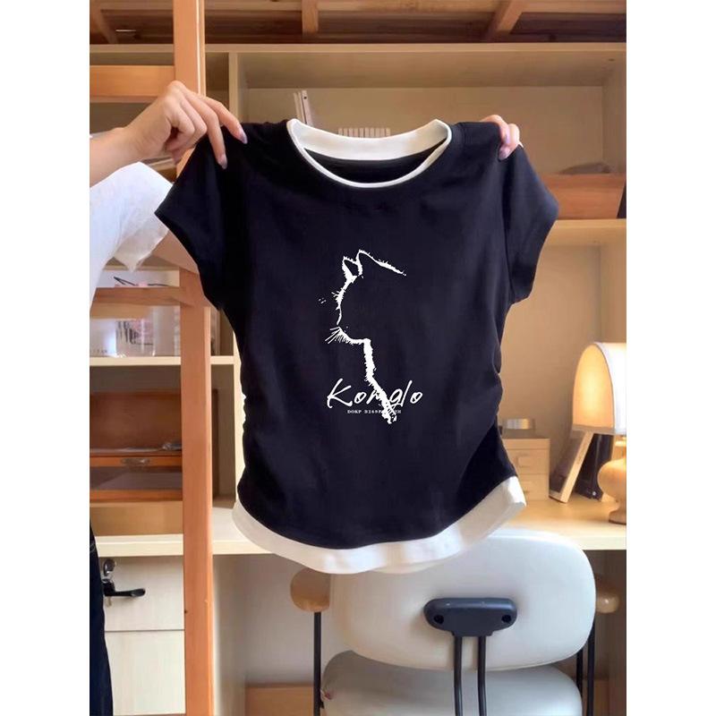 Fake two-piece contrasting color round neck front shoulder short-sleeved women s T-shirt summer design pleated waist slim-fit bottoming shirt top S