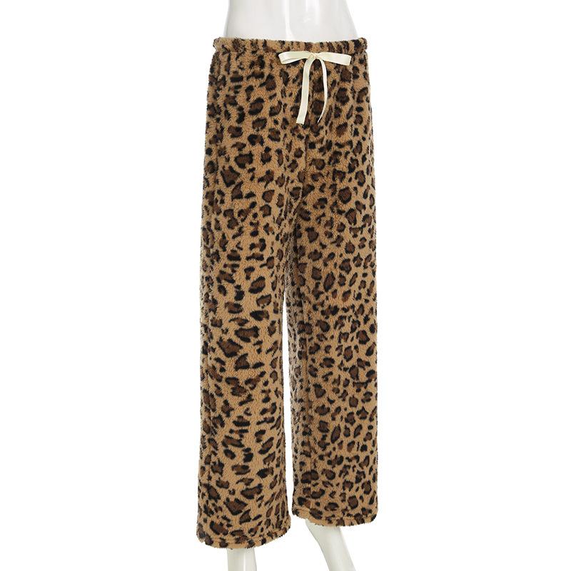 Women's Drawstring Tie Loose Personalised Leopard Print Plush Casual Elastic Low Waist Skinny Niche Straight Leg Pants