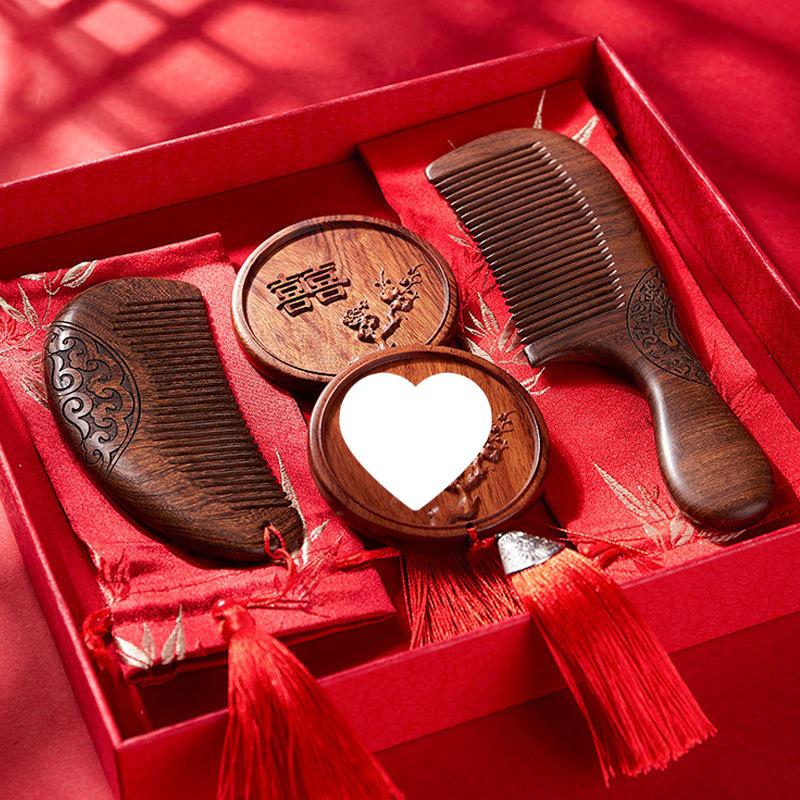 Red Wedding Comb Set for Brides - Elegant Mirror and Hair Combs
