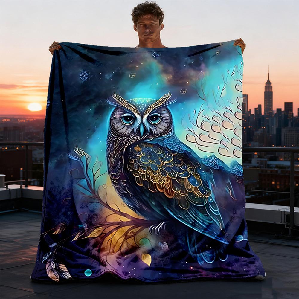 1pc Fantasy Owl Artwork Print Outdoor Blanket, Lightweight Polyester,