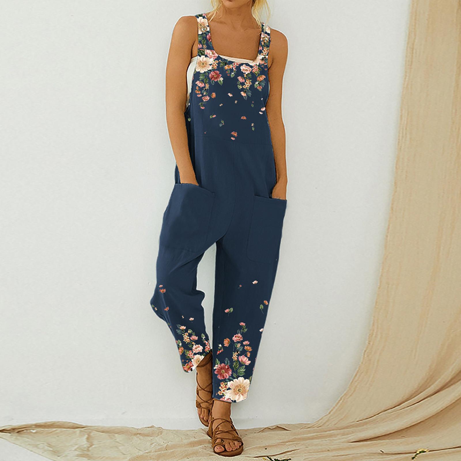 

Fashion Women s Casual Sexy Sling Print Sleeveless Bib Pants XL синій