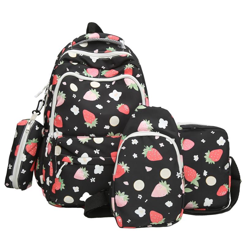 Four-Piece Strawberry Schoolbag Travel Backpack Women's Large Capacity Printed Backpack for Students