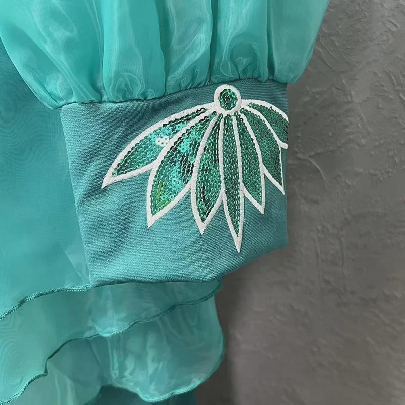 African Women's Lotus Leaf Organza Puff Sleeve Top and Skirt with Embroidered Sequins.