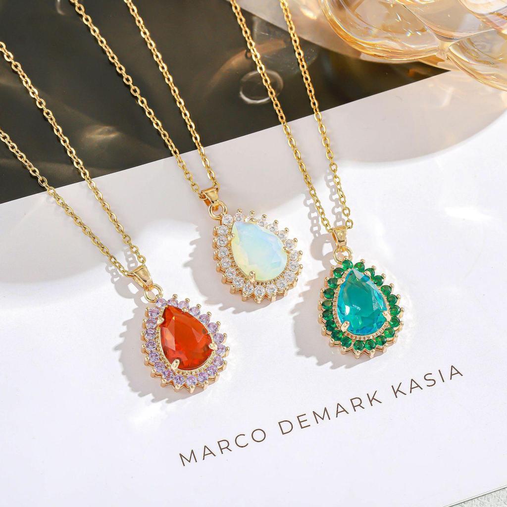 Colorful Crystal Water Drop Necklace with Zircon Inlay and 18K Gold-Plated Clavicle Chain