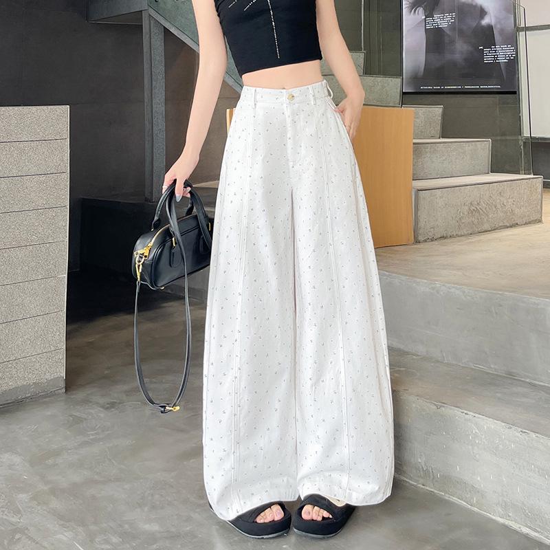 2026 Spring/Summer Korean Slimming Floral Wide-Leg High-Waist Cotton Pants Medium белый