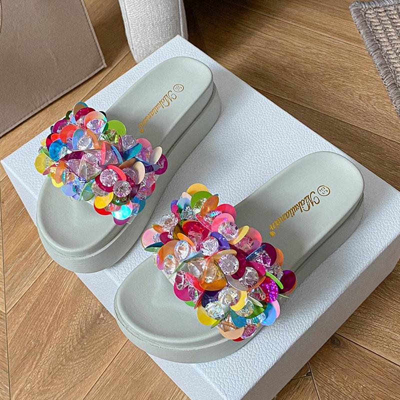 Fashion Thicken Soled Crystal&Paillette Platform Sandals Woman Flats Slip On Slippers Slip On Ladies Flipflops Open Toe Slides Pantuflas