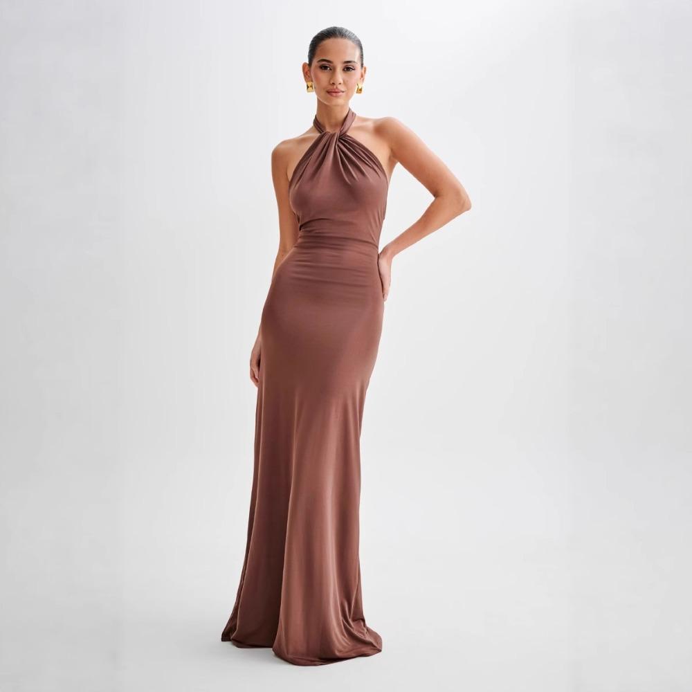 Abito Maxi da Donna con Scollo all'Americana Senza Maniche Bodycon Vita Alta Elegante Pieghettato Monocolore Formale Sirena