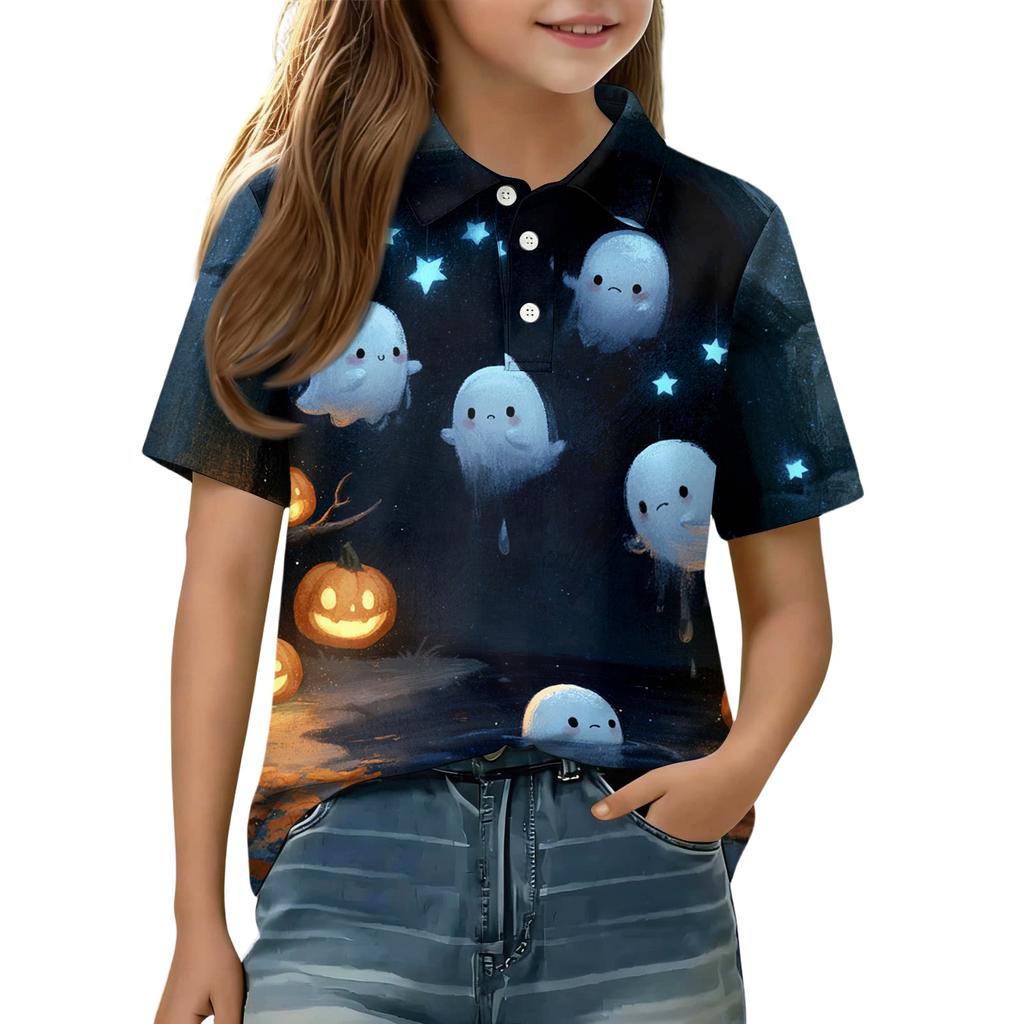 Kids Halloween Print Polo Shirt Short Sleeve Casual Tee Top with Button Collar for Boys Girls Comfortable Fit