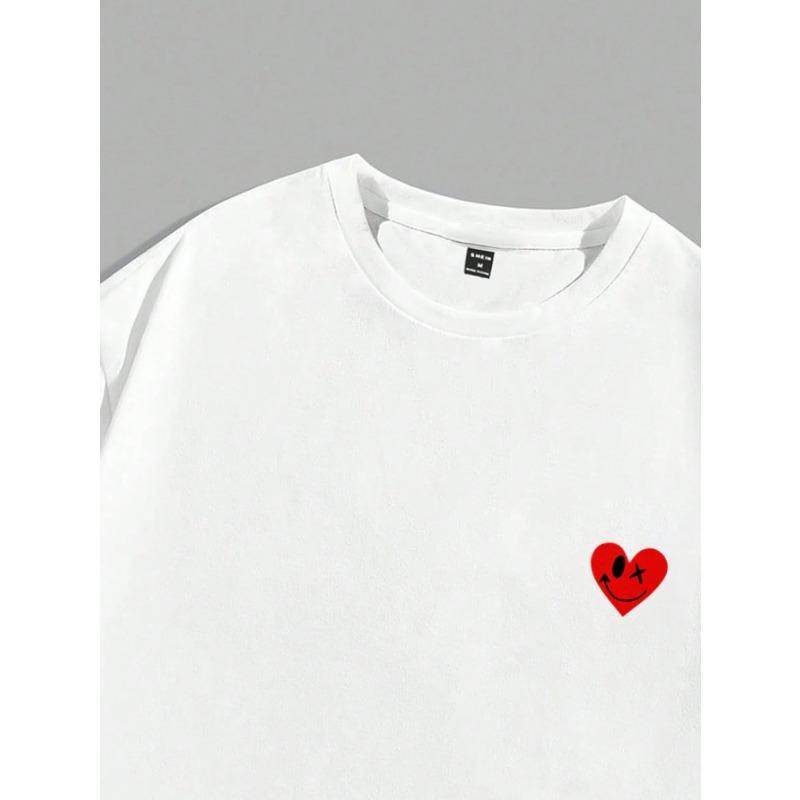 Summer New Features Smiling Face and Heart Fun Print Men's T-shirt Fashion Loose Daily Large Cotton Couple Round Neck T-shirt