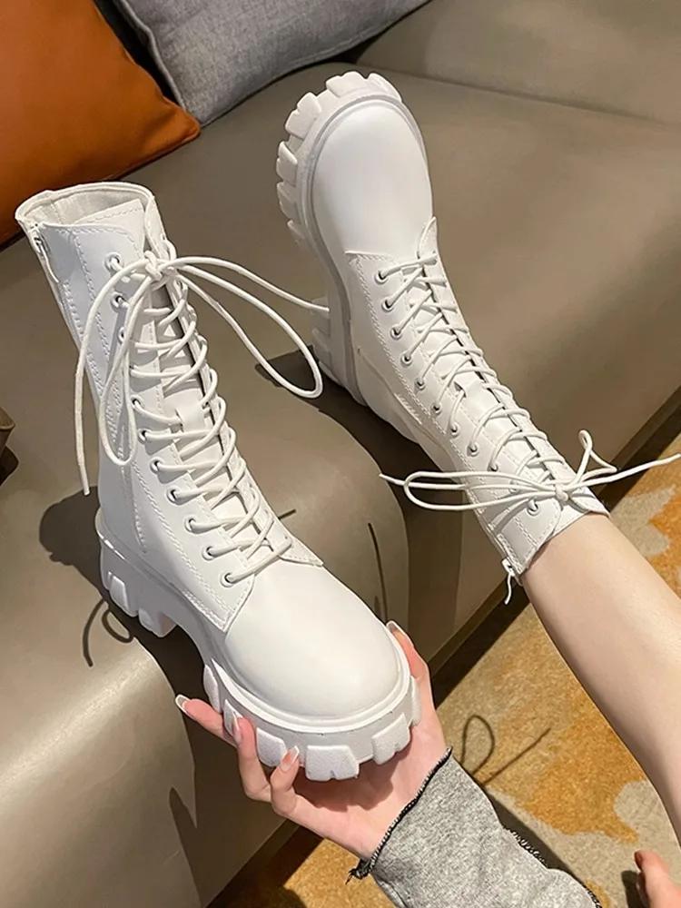 2025 Spring/Summer New White Thin Middle Breathable Thick Bottom Single Boots Trendy Motorcycle Short Boots