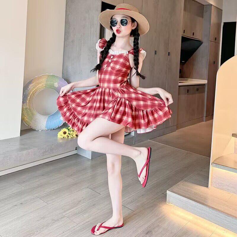 Girls Sleeveless Plaid Princess Dress Swimsuit Summer Beach One Piece Bathing Suit For Big Kids