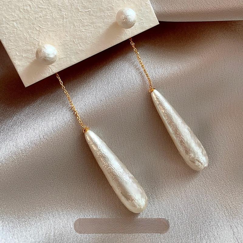 

Long-length Textured Cotton Pearl Drop Earrings - Unique Design, High-end Style, Vintage-style Earrings Earrings