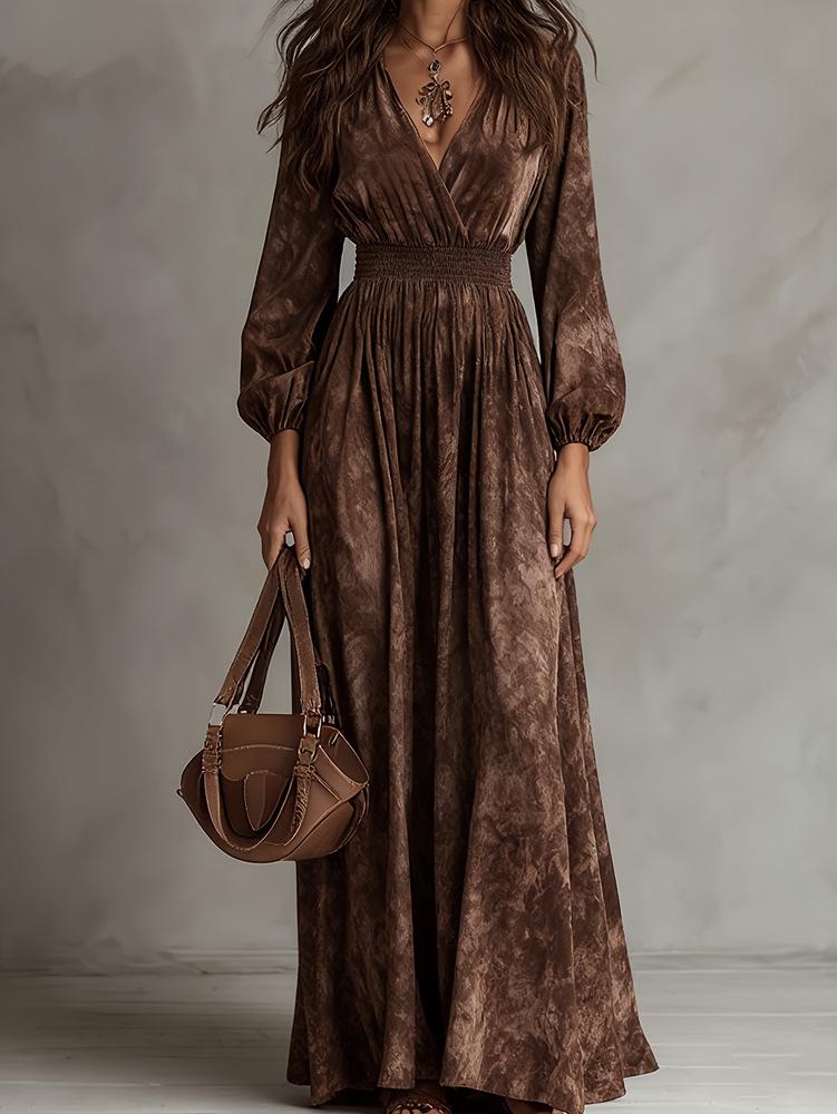 Bohemian Retro Tie-Dye V-Neck Waist-Cinching Long Skirt - 2026 Spring/Autumn Collection