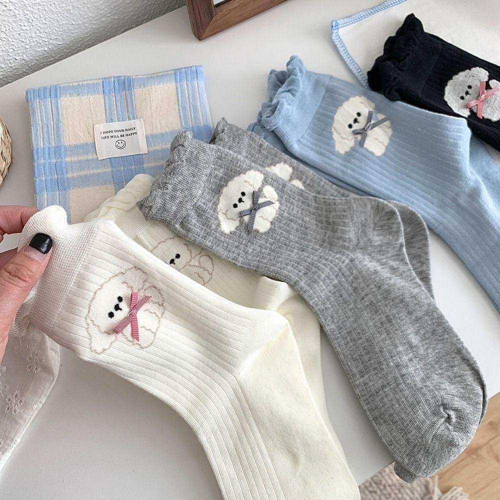 

4Pairs Kawaii Sweet Tube Socks Anti-slip Mid-calf Socks Women Casual Bowknot Ruffle Socks Girl