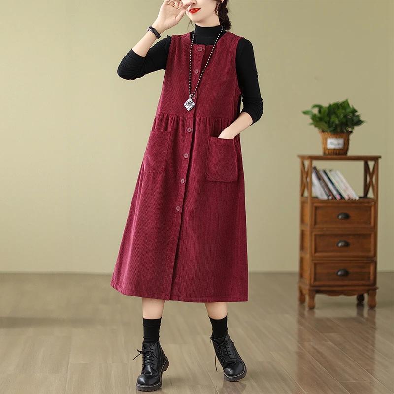 Womens Vest Dress Cotton Pullovers Vintage Round Neck Tank Sleeveless Long Dress with Pockets XL