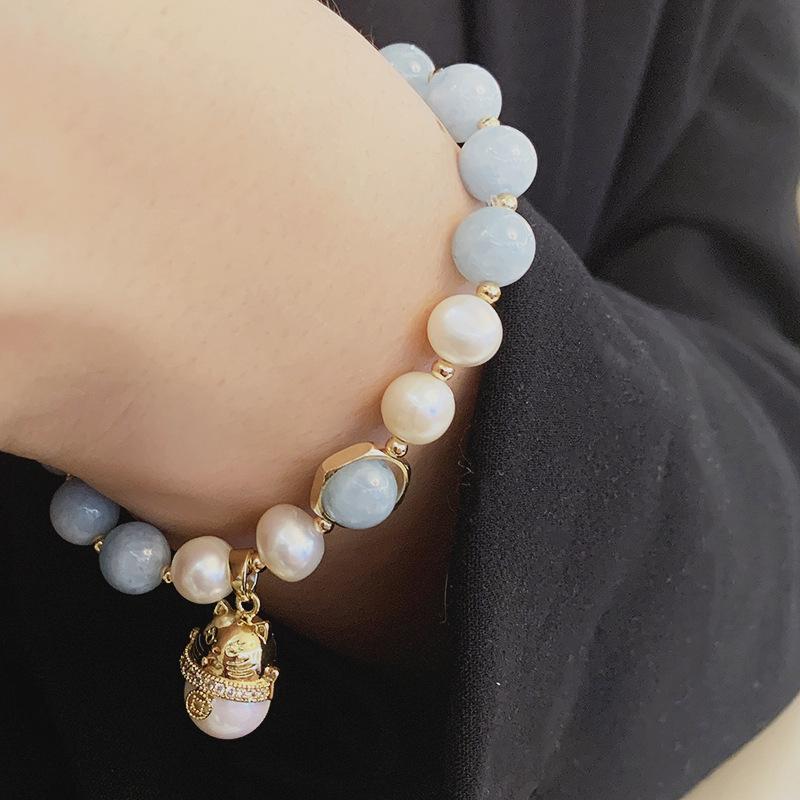 New Arrival Sweet Cat Animal Natural Amazonite Stone & Freshwater Pearl 14K Gold Filled Ladies Bracelet For Women Gifts
