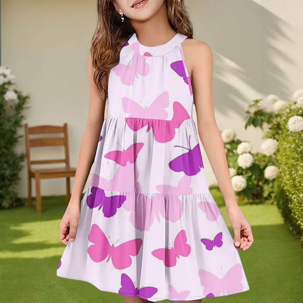 Dětské letní ležérní módní šaty bez rukávů s kulatým výstřihem