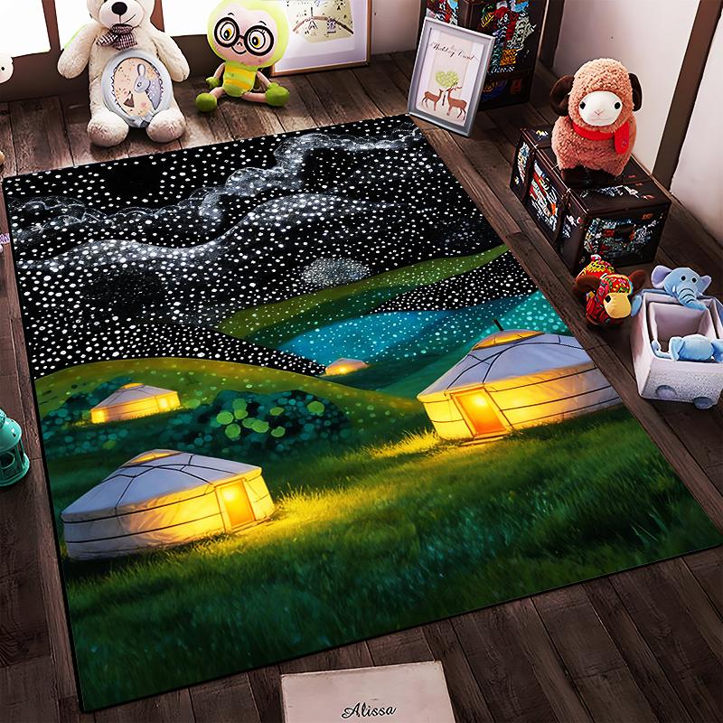 Illuminated Yurts Under Starry Night Sky Pattern Carpet Rug Suitable for Use As an Anti-slip for Living Room Bedroom Sofas