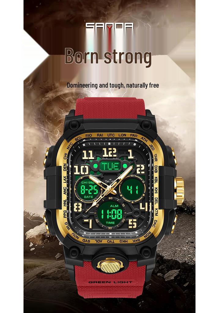 Sanda Men's Trendy Waterproof Multi-Functional Electronic Watches with Three-Time Zones for Casual Use