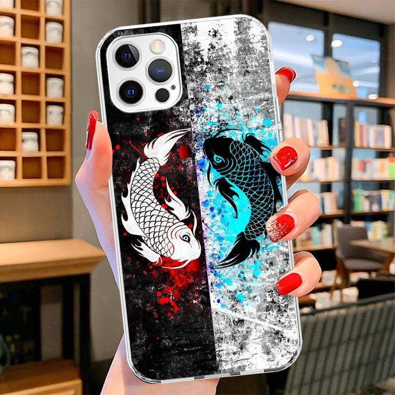 Japan Koi Fish Yin Yang Art Cover Phone Case For iPhone 16 17 Air 15 14 Pro Max 16E Phone Case 13 Mini 12 11 7 SE 8 Print Patter