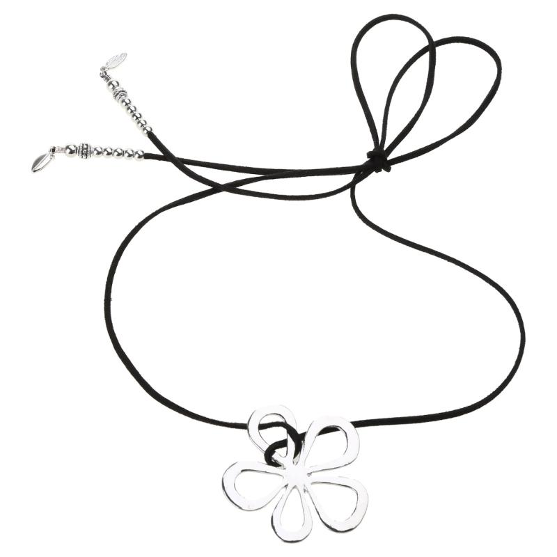 Tibetan Silver Abstract Large Hollow Flowers Charms Pendant Necklace With Black Faux Suede Cord Long Necklace Handmade Jewelry