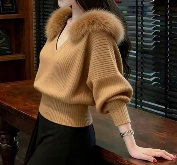 Autumn/Winter Korean-Style Knit Sweater with Soft Fur Collar - Women's Loose, Lazy Fit
