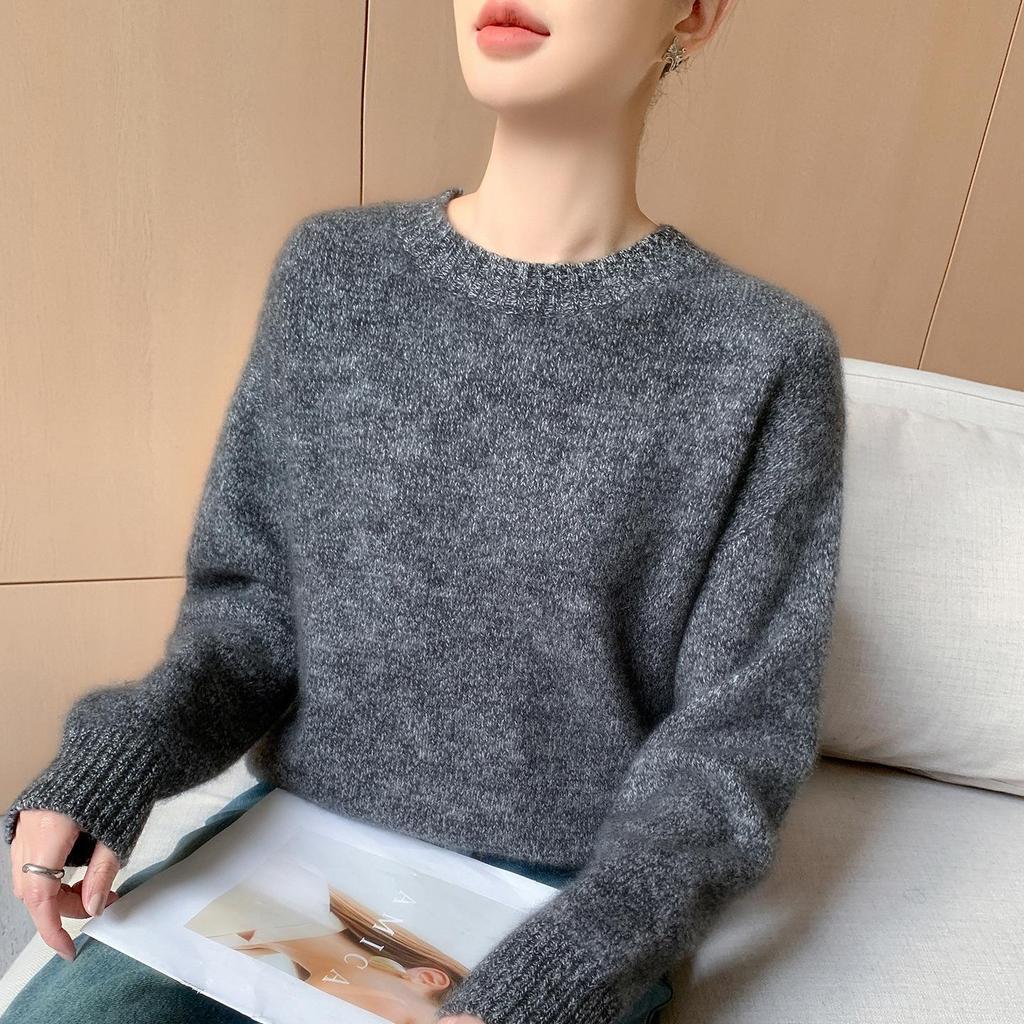 Women's Heather Yarn 100% Wool Round Neck Knit Pullover - Seven-Stitch, Long Sleeve, Lazy Style Base Layer