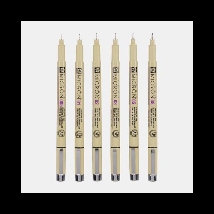 Feutres de précision - Sakura - Pigma Micron - 6 feutres - Pointe 0,2-0,5mm - Noir
