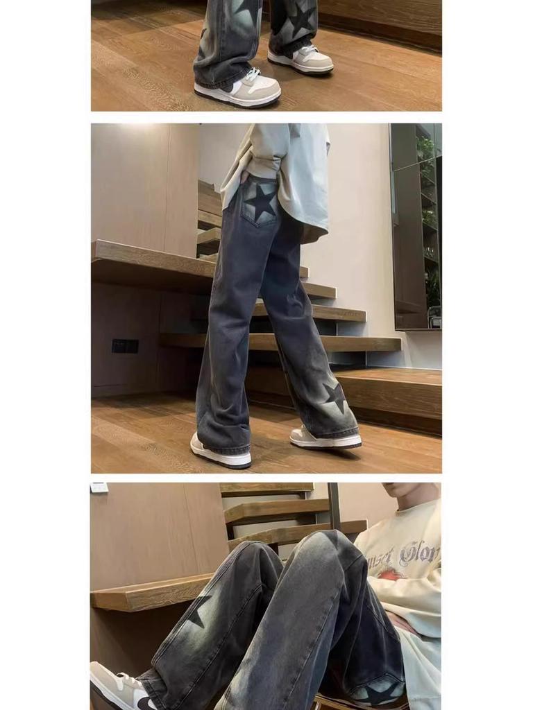Unisex Korean Street-Style Elastic Waist Dark Star Jeans - Trendy, Loose Straight-Leg for Spring and Autumn